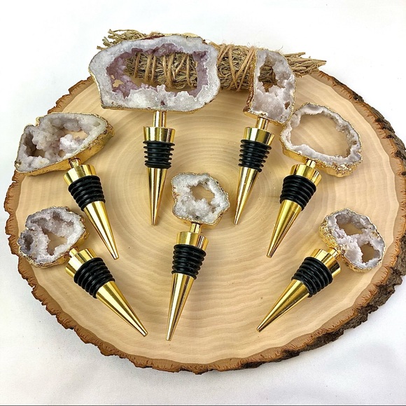 Clear Crystal Quartz Druzy Geode gold plated wine bottle stopper topper stone - Picture 10 of 13